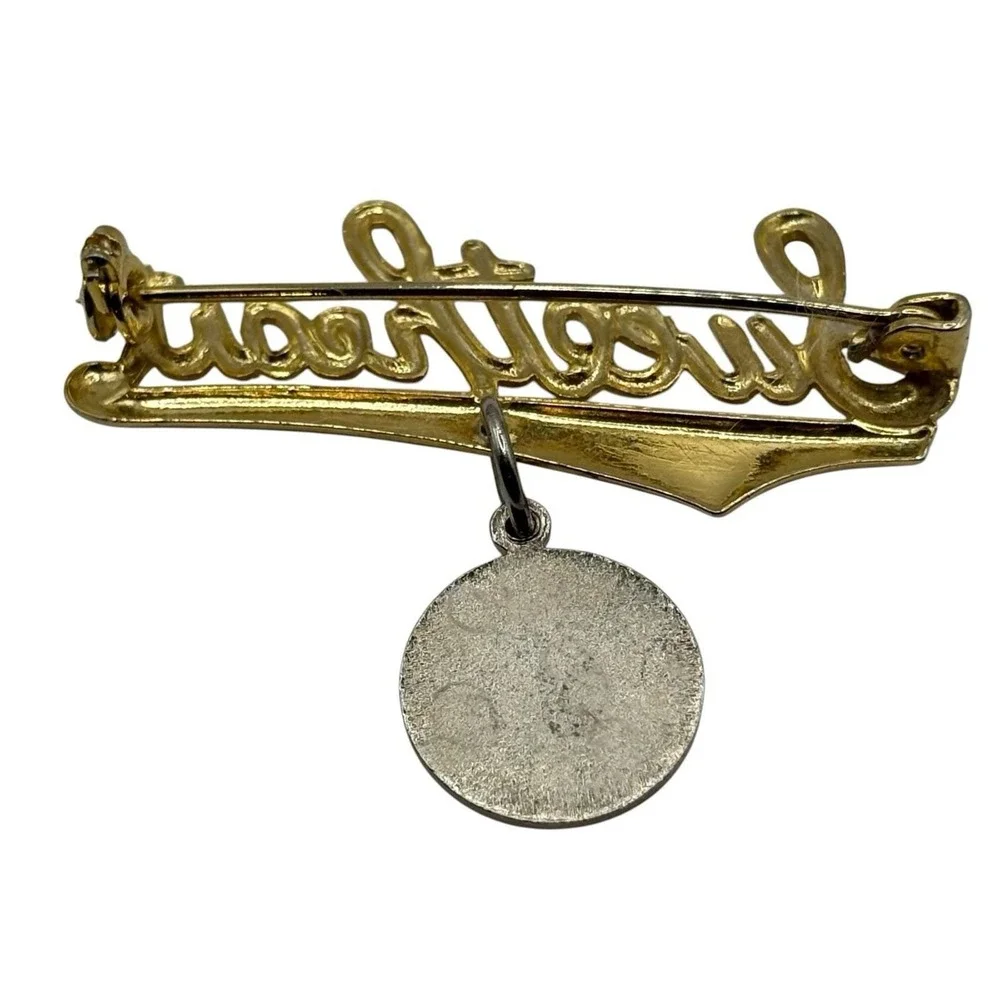 Sweetheart Brooch Pin Dutch Hex Enamel Dangle Charm Gold Tone Vintage‎ Gift Love